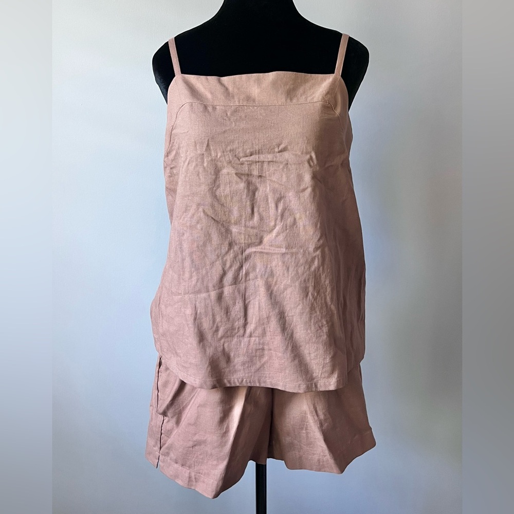 Women's Blush Pink Linen Pajama Set Sleeveless Cami & Shorts